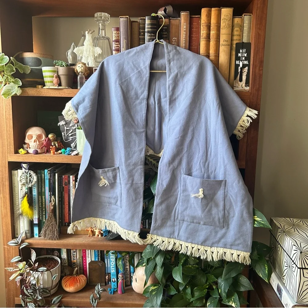 Vintage 60s Light Blue Shawl with Cream Fringe and Pockets